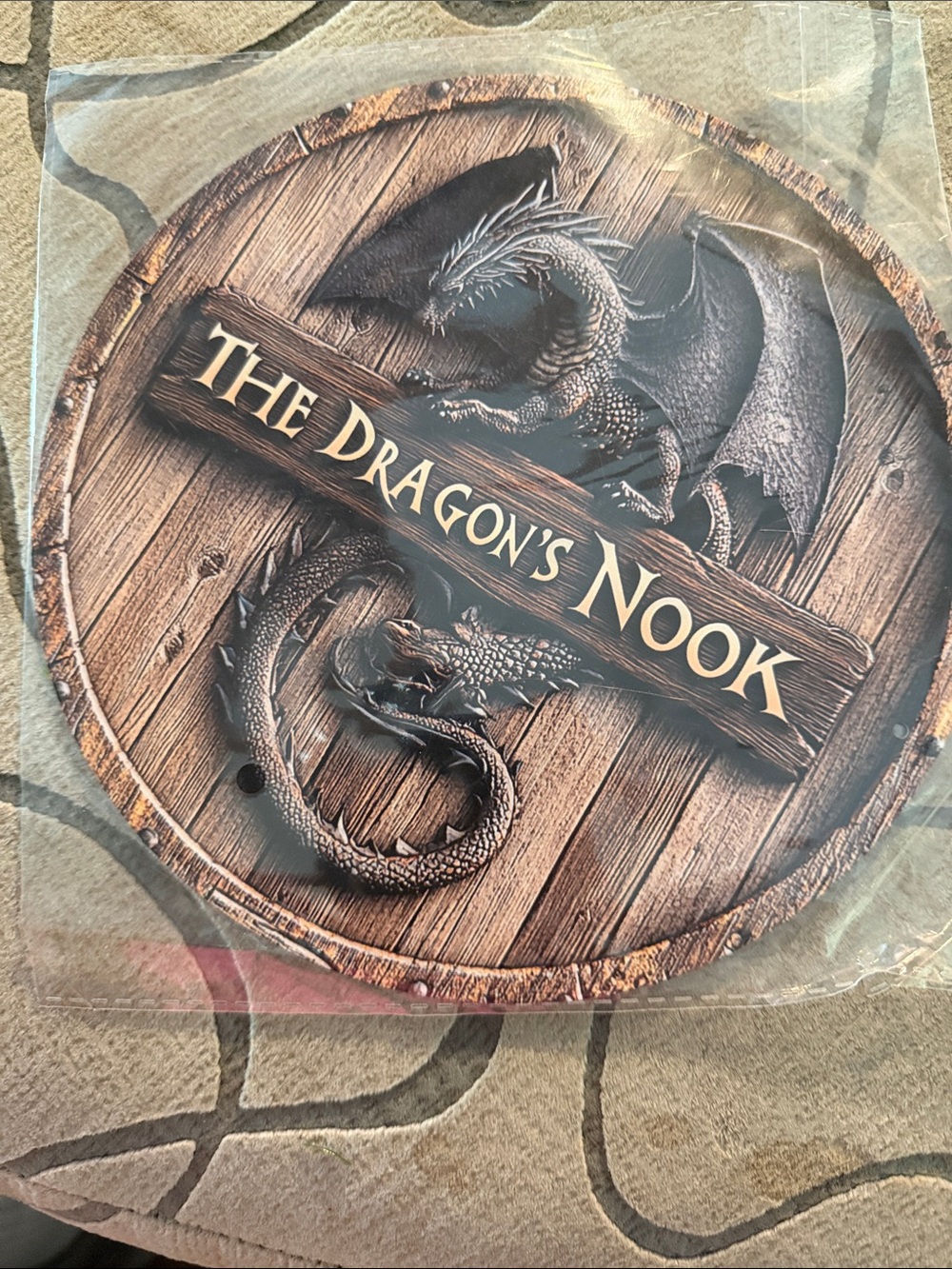 The Dragon's Nook Round Wall Plaque - Brown Wood & Black Dragon